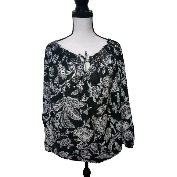 Lauren Ralph Lauren Tops - Lauren Ralph Lauren Blouse Black White Floral Smocked Neckline Tie Front Size 1X